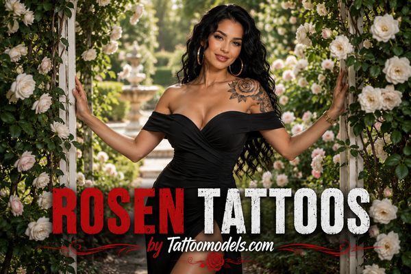 Dunkelhaariges Tattoo-Model im schwarzen Kleid unter einem Rosenbogen mit Rosen-Tattoo auf der Schulter