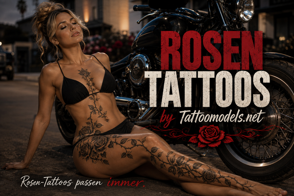 Tattoo-Model vor Motorrad mit großer Rosenranke entlang des Beins und Körpers