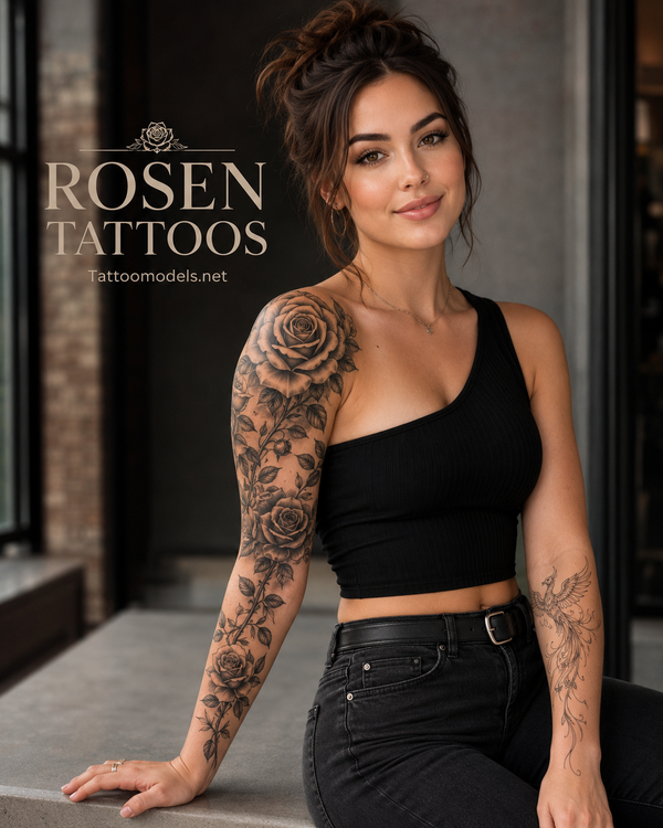 Brünettes Tattoo-Model mit Realistic Rosen-Tattoos und Fineline Phönix am Unterarm