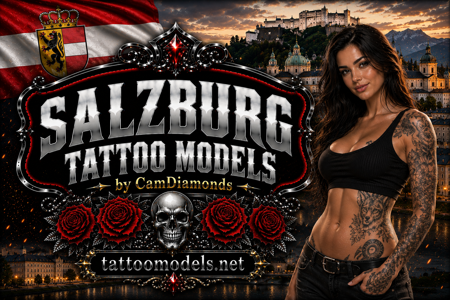 Salzburg Tattoo Models Banner mit brünettem tätowiertem Model vor Salzburger Sehenswürdigkeiten und CamDiamonds Design auf Tattoomodels.net
