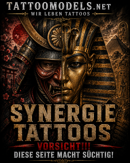 Geteiltes Gesicht aus Samurai-Maske und Pharaonenmaske als Synergie Tattoo – TattooModels.net