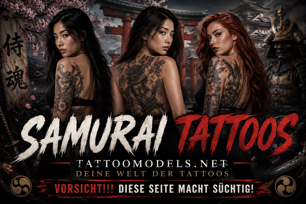 Samurai Tattoos auf Tattoo-Models vor japanischer Kulisse mit Samurai-Rüstung, Torii und Kirschblüten – TattooModels.net