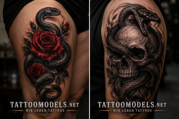 Schlange mit Rose und Schlange mit Totenkopf als Synergie Tattoos auf realistischer Haut – TattooModels.net