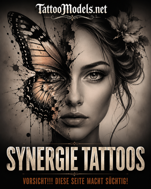 Frauenportrait verschmilzt mit Schmetterlingsflügel als Synergie Tattoo – TattooModels.net