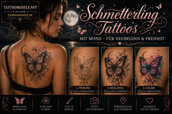 Schmetterling Tattoo mit Mond und Blumen in Fineline, Realistic und Color – TattooModels.net