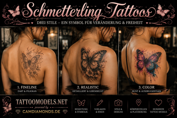 Schmetterling Tattoos im Vergleich: Fineline, Realistic und Color auf Schulter und Rücken