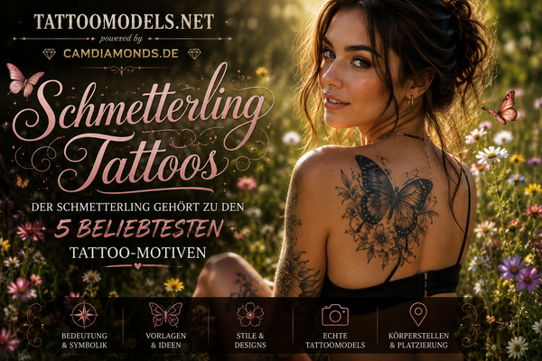 Tattoo Model in einer Blumenwiese mit großem Schmetterling Tattoo und Blumen auf dem Rücken – TattooModels.net