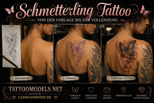 Schmetterling Tattoo von der Zeichnung über das Stencil bis zum fertigen Tattoo auf der Schulter