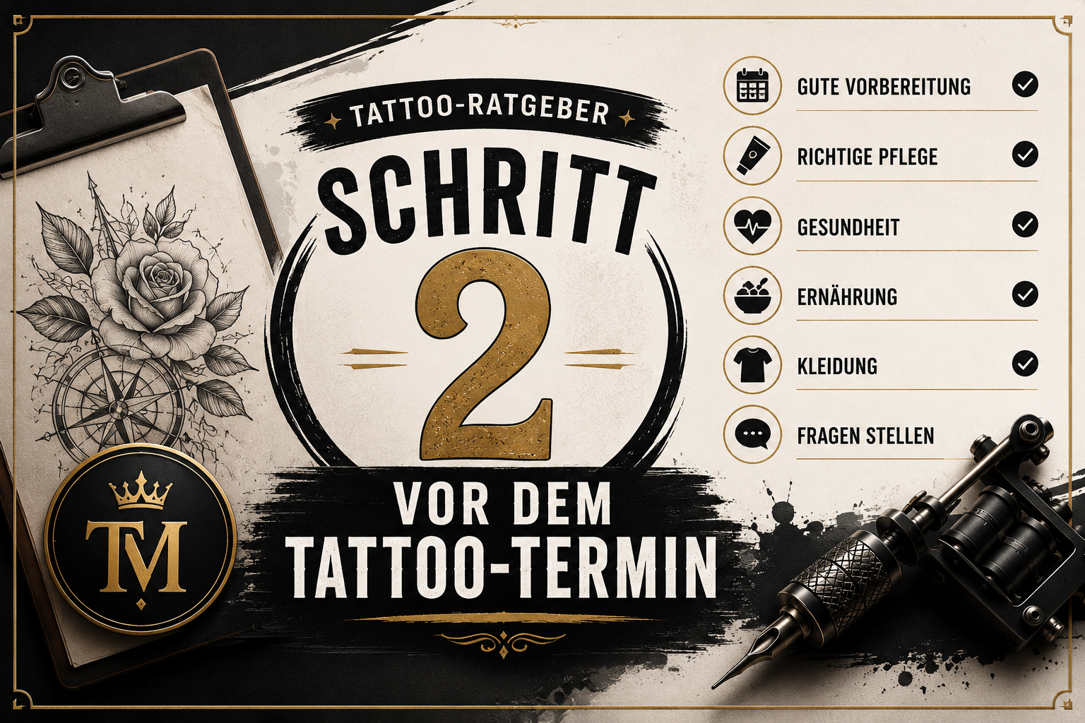 Tattoo-Ratgeber Schritt 2: Vorbereitung auf den Tattoo-Termin mit Checkliste zu Ernährung, Kleidung, Gesundheit, Pflege und wichtigen Fragen