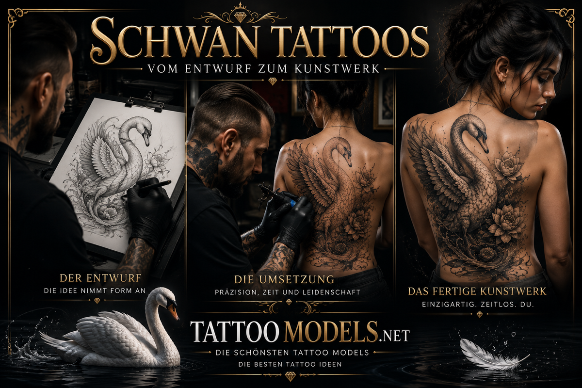 Vom Entwurf bis zum fertigen Schwan-Tattoo: Tattoozeichnung, Tätowierer bei der Arbeit und realistisches Rücken-Tattoo als Inspiration für Schwan-Tattoos, Vogel-Tattoos und Tattoo-Ideen