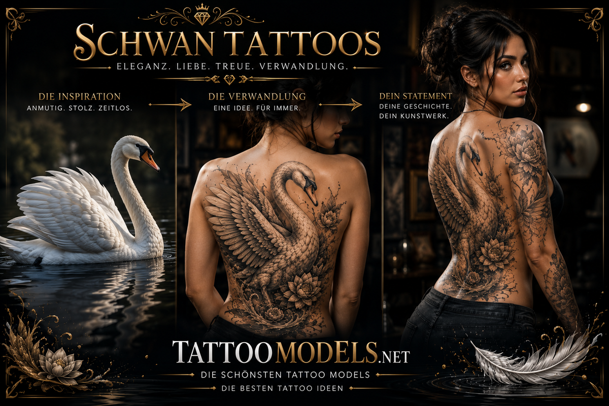 Majestätischer Schwan als Inspiration, realistisches Schwan-Tattoo und stolzes Tattoo Model mit großem Rücken-Tattoo als Inspiration für Schwan-Tattoos, Rücken-Tattoos, Vogel-Tattoos und Tattoo-Ideen