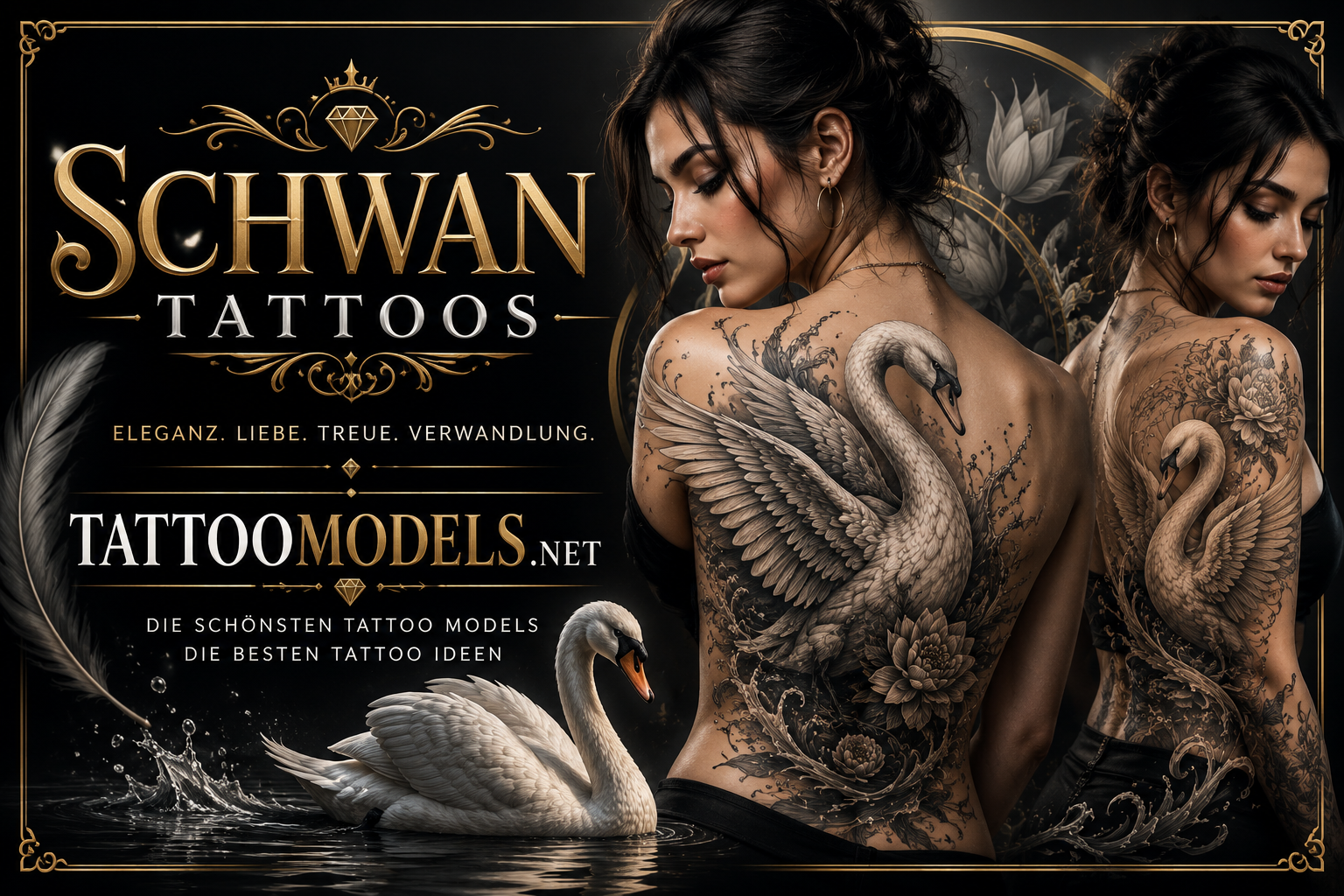 Zwei Tattoo Models mit realistischen Schwan-Tattoos auf dem Rücken, echter Schwan und TattooModels.net als Inspiration für Schwan-Tattoos, Vogel-Tattoos, Rücken-Tattoos und Tattoo-Ideen