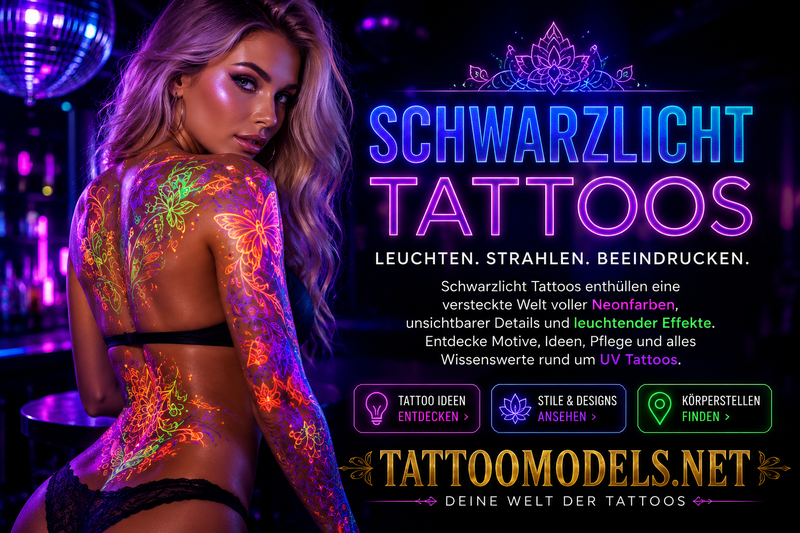 Blonde Frau mit langen Haaren und leuchtenden Schwarzlicht Tattoos in einer Disco unter UV-Licht.