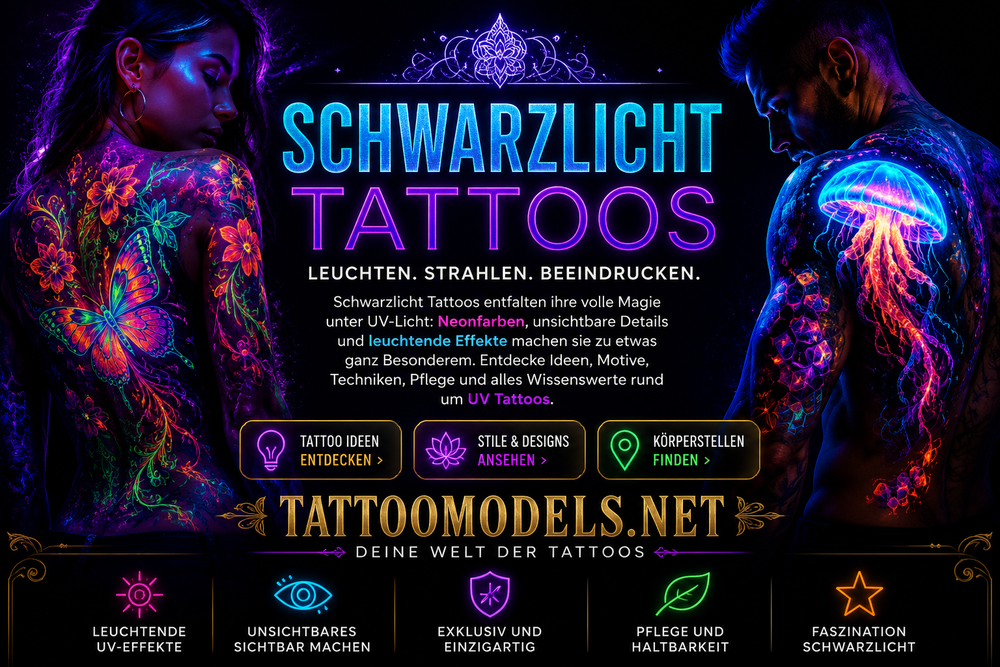 Schwarzlicht Tattoos mit leuchtenden UV-Tattoo-Designs auf tätowiertem Mann und tätowierter Frau unter intensivem Neonlicht.