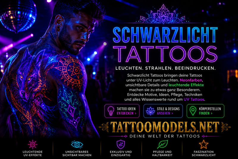 Tätowierter Mann mit großflächigen leuchtenden Schwarzlicht Tattoos und fluoreszierendem Tiermotiv in einer Disco.