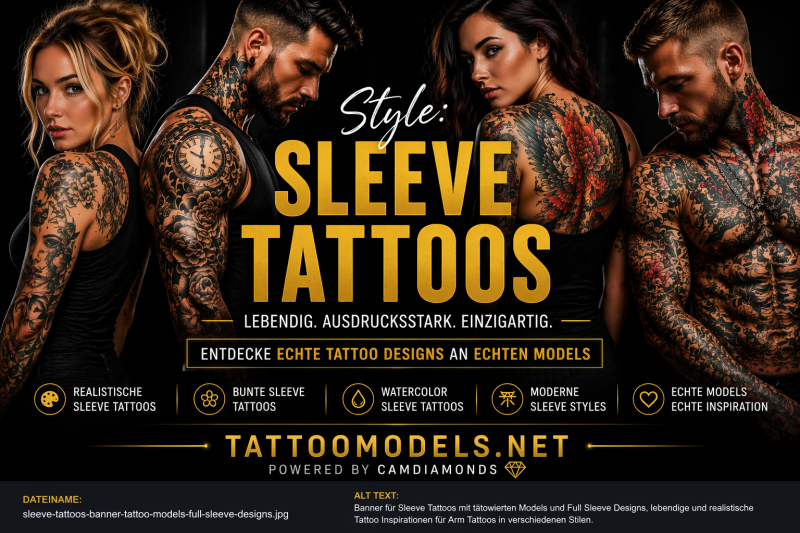 Sleeve Tattoos Banner mit tätowierten Models und Full Sleeve Arm Tattoos – realistische, bunte und moderne Tattoo Designs