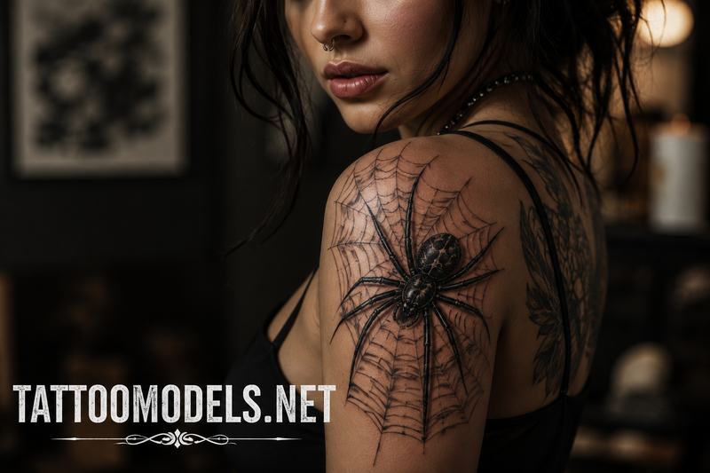 Tätowierte Frau mit einem detailreichen Black-and-Grey-Spinnen-Tattoo und Spinnennetz auf der Schulter.