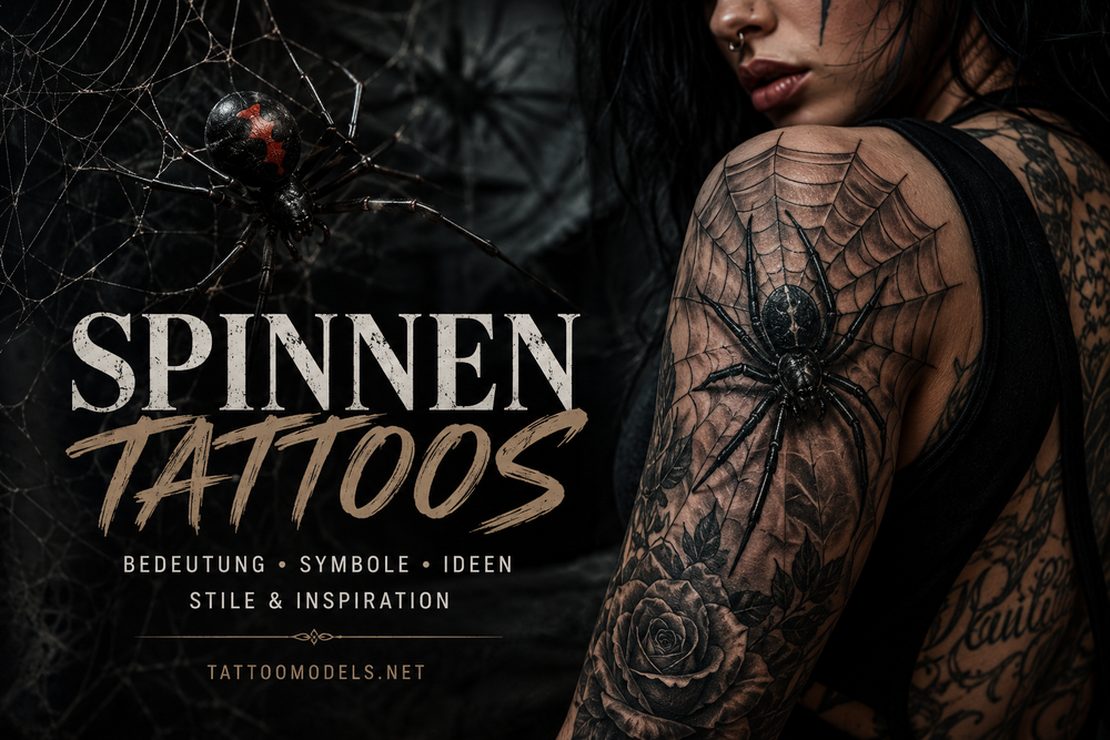 Hero-Bild zu Spinnen Tattoos mit einer realistischen Spinne, Spinnennetz und tätowierter Frau mit großem Black-and-Grey-Spinnenmotiv auf der Schulter.