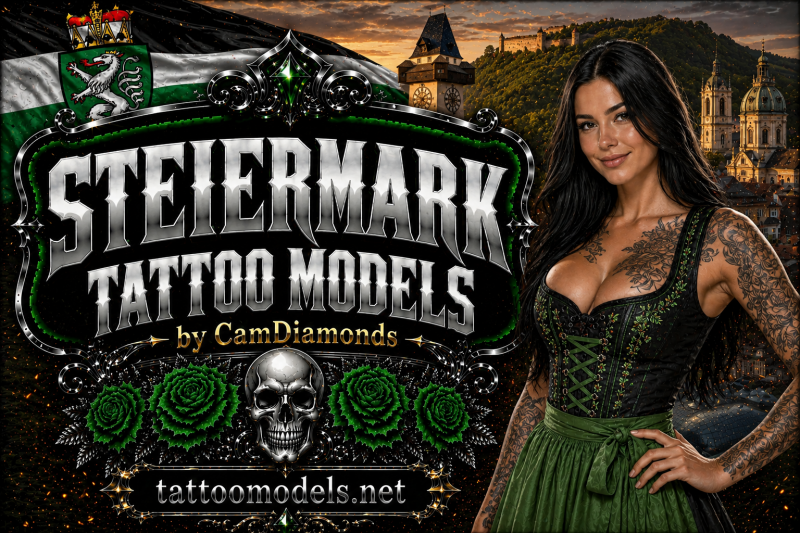 Steiermark Tattoo Models Banner mit tätowiertem schwarzhaarigem Model im Dirndl vor bekannten Sehenswürdigkeiten der Steiermark und CamDiamonds Design