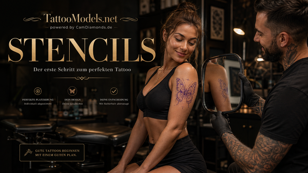 Fitness Model prüft mit dem Tätowierer im Spiegel die Platzierung eines Schmetterling Stencils am Oberarm