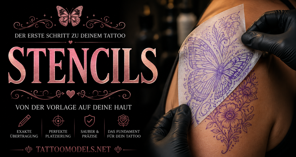 Tattoo Stencil mit Schmetterling und Blumen wird auf die Schulter übertragen – TattooModels.net