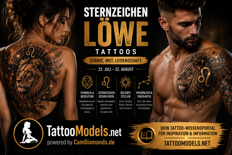 Sternzeichen Löwe Tattoos mit realistischen Löwenkopf-Tattoos, astrologischem Löwe-Symbol und goldenen Sternzeichen-Elementen.