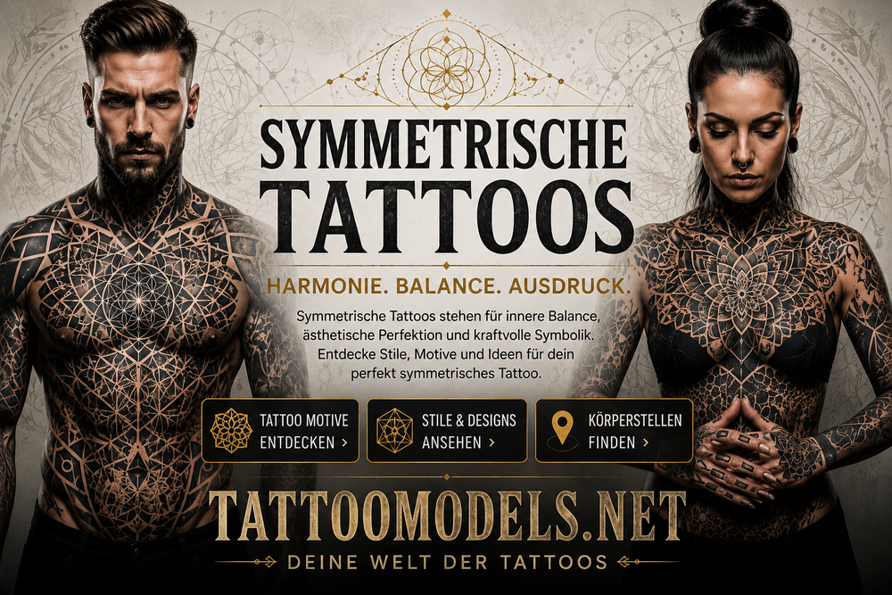 Symmetrische Tattoos mit geometrischen Mustern, Mandalas und modernen Tattoo-Designs auf tätowiertem Mann und tätowierter Frau.