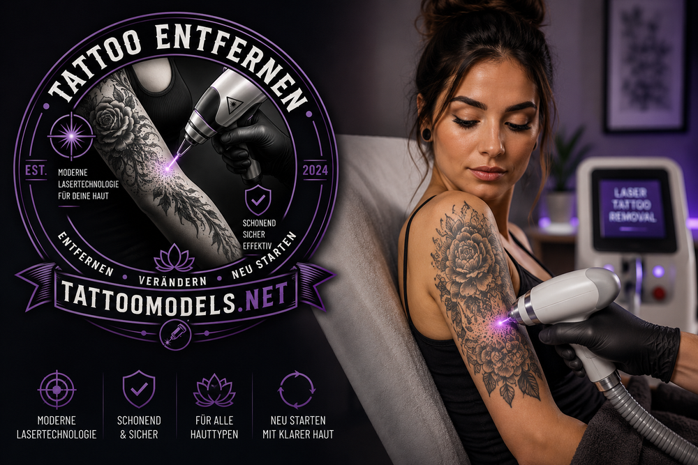 Tattoo entfernen mit moderner Laserbehandlung bei einer tätowierten Frau und TattooModels.net-Logo