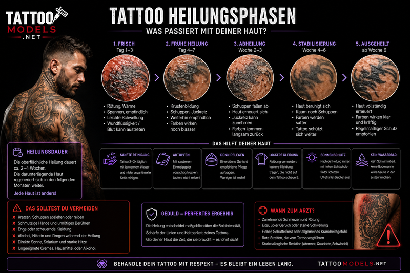 Infografik zu Tattoo-Heilungsphasen, richtiger Tattoo-Pflege, typischen Hautreaktionen und Warnzeichen nach dem Tätowieren