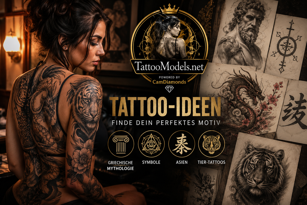 Tätowierte Frau mit Tiger-, Drachen- und Blumen-Tattoos neben Tattoo-Vorlagen aus griechischer Mythologie, Symbolen, asiatischen Motiven und Tier-Tattoos. Hero-Bild für Tattoo-Ideen auf TattooModels.net, powered by CamDiamonds.