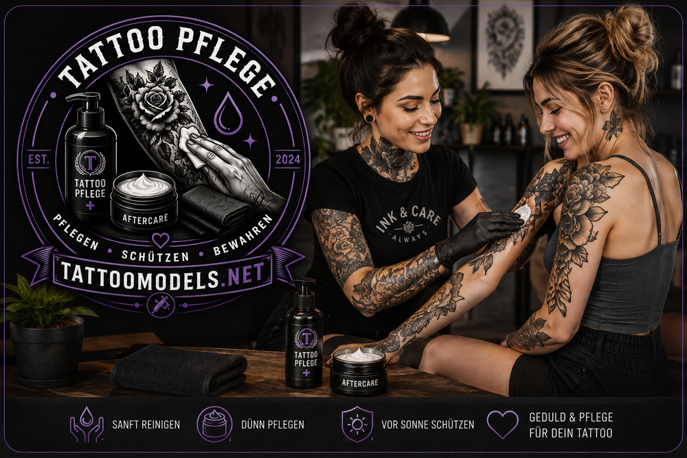 Tattoo-Pflege und Aftercare mit zwei tätowierten Frauen sowie TattooModels.net-Logo