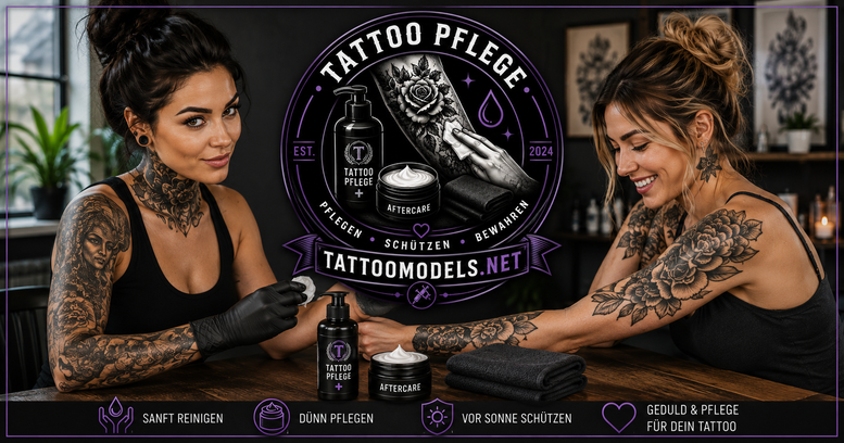 Zwei tätowierte Frauen pflegen sich gegenseitig nach dem Tätowieren und zeigen eine sanfte Tattoo-Aftercare