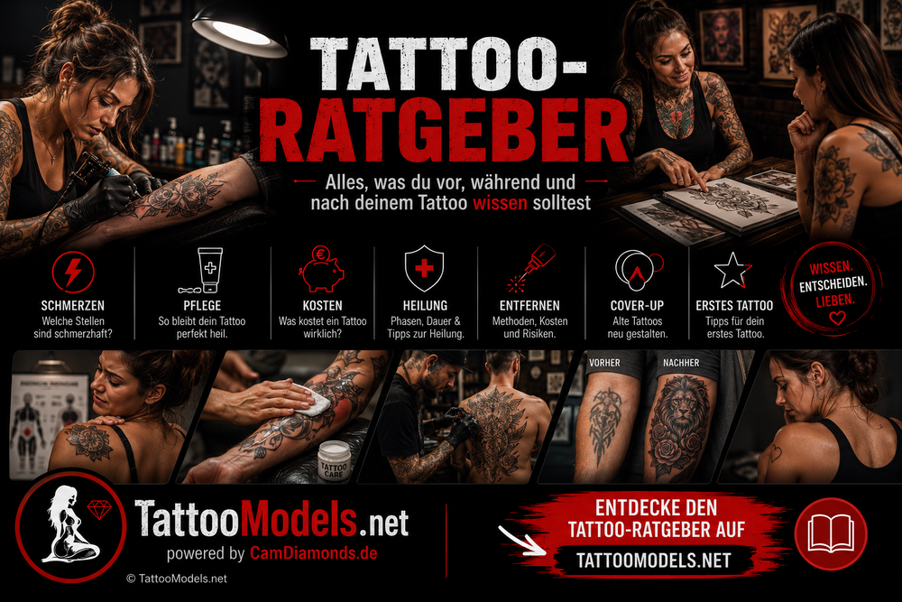 Tattoo-Ratgeber von TattooModels.net zu Schmerzen, Pflege, Kosten und Heilung