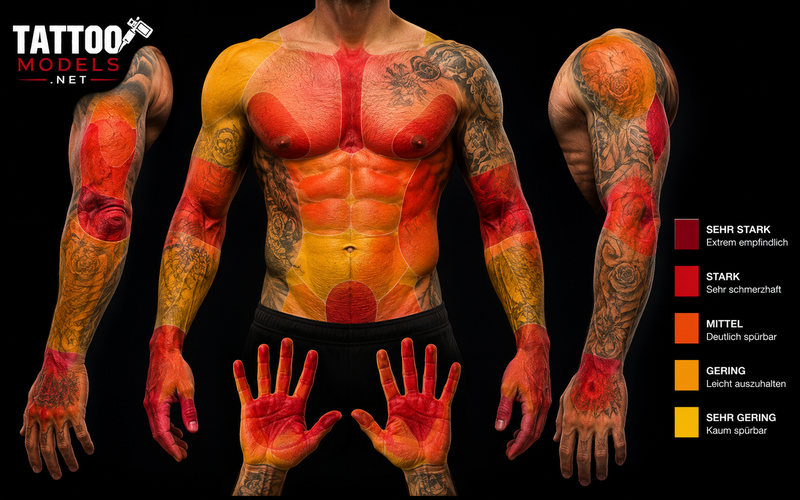 Tattoo-Schmerzkarte für Arme, Hände, Brust und Bauch mit unterschiedlich empfindlichen Körperstellen