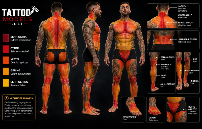 Tattoo-Schmerzkarte für Rücken, Nacken, Wirbelsäule, Beine, Knie, Schienbein, Füße, Hüfte und Leiste