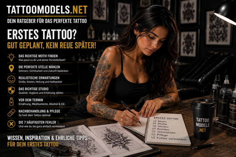 Tätowierte Frau erstellt eine Checkliste für ihr erstes Tattoo. TattooModels.net zeigt wichtige Punkte zu Motiv, Studio, Kosten, Schmerzen, Vorbereitung und Pflege.