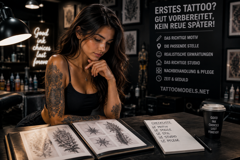 Junge Frau betrachtet Tattoo-Vorlagen und plant ihr erstes Tattoo in einem Tattoo-Studio. TattooModels.net zeigt Tipps zu Motivwahl, Körperstelle und Vorbereitung.