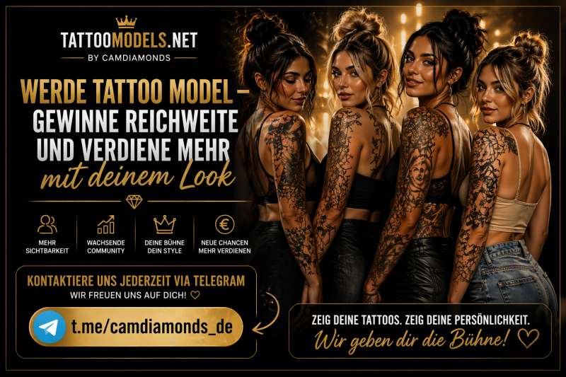 Tattoo Models Banner mit tätowierten Frauen – werde Tattoo Model, gewinne Reichweite und verdiene mehr mit deinem Look auf Tattoomodels.net, Kontakt via Telegram