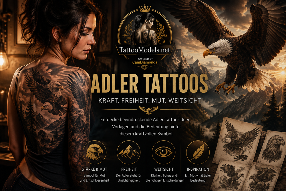 Adler Tattoos mit tätowierter Frau, fliegendem Adler und Tattoo-Vorlagen als Symbol für Freiheit, Stärke, Mut und Weitblick auf TattooModels.net.