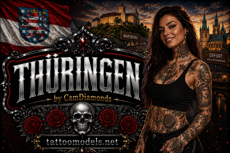 Brünettes Tattoo Model aus Thüringen mit Old School und Black and Grey Tattoos vor Wartburg und Erfurter Dom im CamDiamonds Style