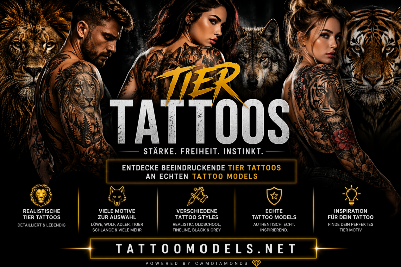 Tier Tattoos Banner mit tätowierten Models und Motiven wie Löwe, Wolf und Tiger – realistische Tier Tattoo Designs und Inspiration