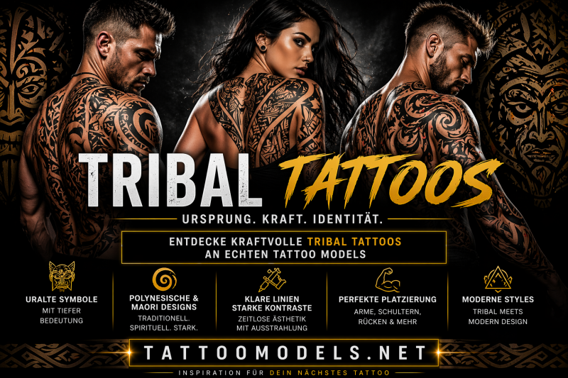 Tribal Tattoos Banner mit tätowierten Models und polynesischen sowie Maori Designs – kraftvolle Linien und symbolische Tattoo Motive