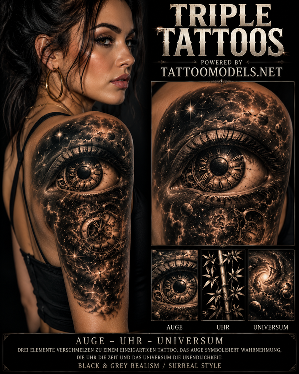 Realistic Schultertattoo aus Auge Uhr und Universum als Triple Tattoo