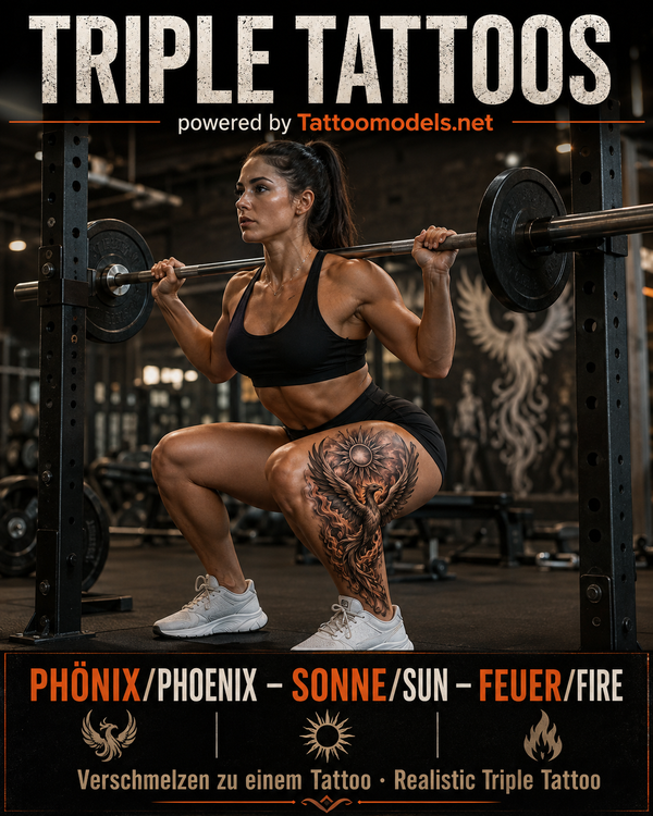 Brünettes Fitness-Tattoo-Model beim Kniebeugen-Training mit Phönix Sonne Feuer Triple Tattoo