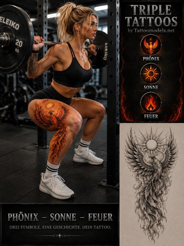 Blondes Fitness-Model mit Triple Tattoo aus Phönix Sonne und Feuer sowie Tattoo-Vorlage