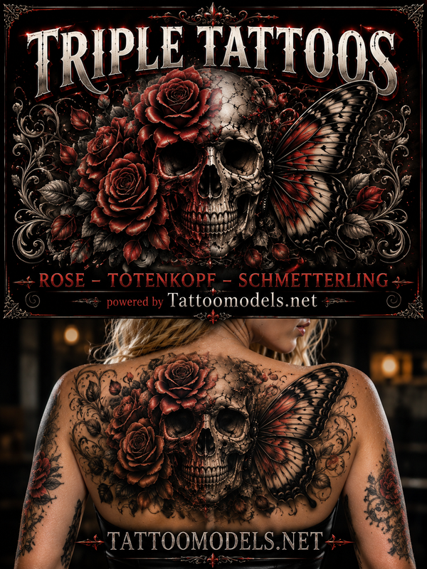 Triple Tattoo aus Rosen Totenkopf und Schmetterling auf dem Rücken eines Tattoo-Models