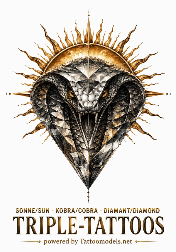 Triple Tattoo aus Diamant Kobra und Sonne im Realistic Stil