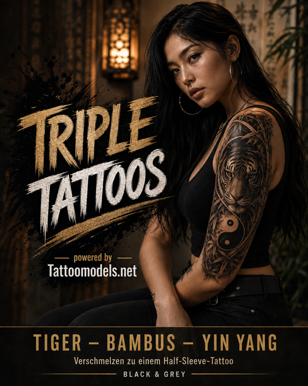 Asiatisches Tattoo-Model mit Half Sleeve aus Tiger Bambus und Yin Yang