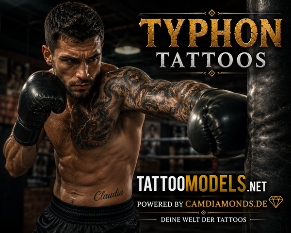 Boxer mit großem Typhon Tattoo beim Training am Sandsack und Claudia Lettering Tattoo an der Hüfte