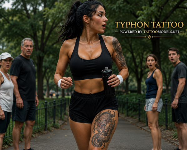 Schwarzhaariges Tattoo Model beim Joggen mit Typhon Tattoo am Oberschenkel und Cetus Tattoo am Oberarm